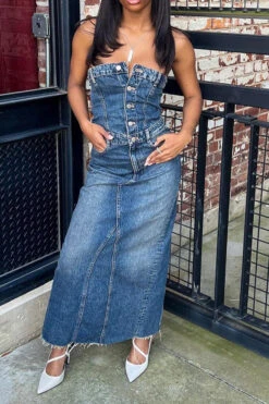 Bandeau Rocking Split Back Denim Midi Dress -Prettytina H23070717 BL 5