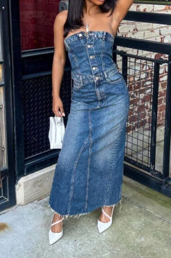 Bandeau Rocking Split Back Denim Midi Dress -Prettytina H23070717 BL 6