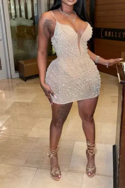 Beaded & Rhinestone Decor Glittery See-Through Mini Dress -Prettytina H23070755 AP 1