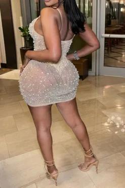 Beaded & Rhinestone Decor Glittery See-Through Mini Dress -Prettytina H23070755 AP 2