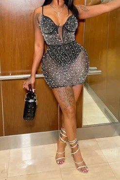 Beaded & Rhinestone Decor Glittery See-Through Mini Dress