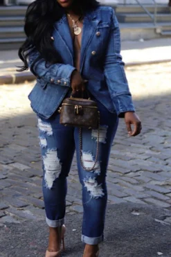 Gradient Denim Pretty Peak Lapel Blazer -Prettytina H23070776 NB 2