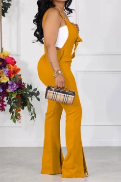 Solid Color Suspenders Commuting Split Hem Jumpsuit -Prettytina H23071316 YE 2