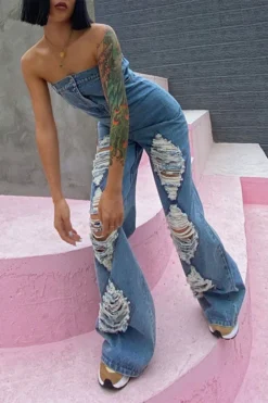 Ripped Unusual Bandeau Denim Jumpsuit -Prettytina H23071325 BL 4