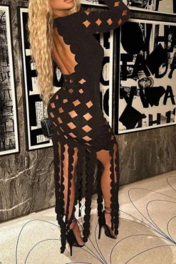 3D Round Leaves Hollow-Out Flirty Tassel Midi Dress -Prettytina H23071365 BK 3