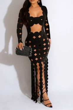 3D Round Leaves Hollow-Out Flirty Tassel Midi Dress -Prettytina H23071365 BK 4