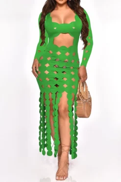 3D Round Leaves Hollow-Out Flirty Tassel Midi Dress -Prettytina H23071365 GR 1