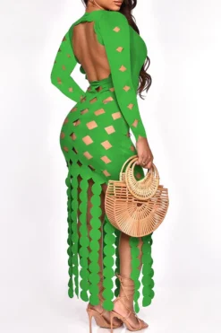 3D Round Leaves Hollow-Out Flirty Tassel Midi Dress -Prettytina H23071365 GR 2