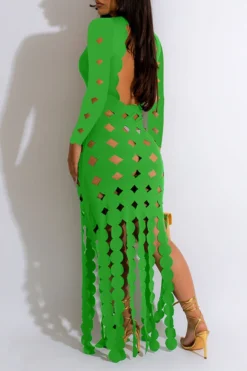 3D Round Leaves Hollow-Out Flirty Tassel Midi Dress -Prettytina H23071365 GR 3