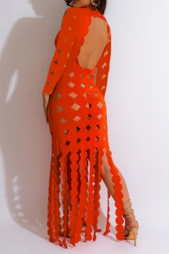 3D Round Leaves Hollow-Out Flirty Tassel Midi Dress -Prettytina H23071365 RE 2