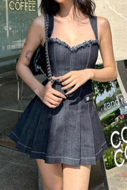 Patchwork Hot Pleated Denim Mini Dress