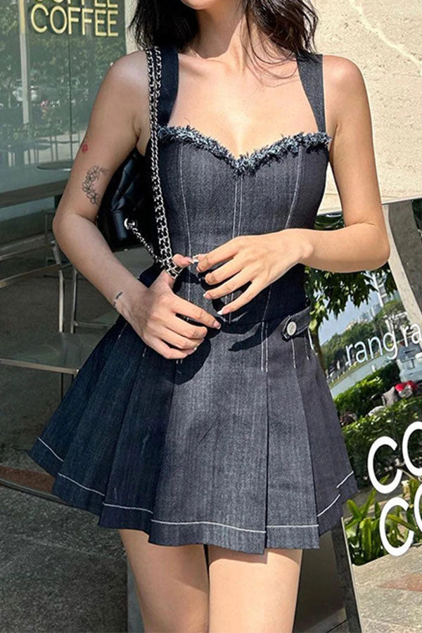 Patchwork Hot Pleated Denim Mini Dress 1 Patchwork Hot Pleated Denim Mini Dress