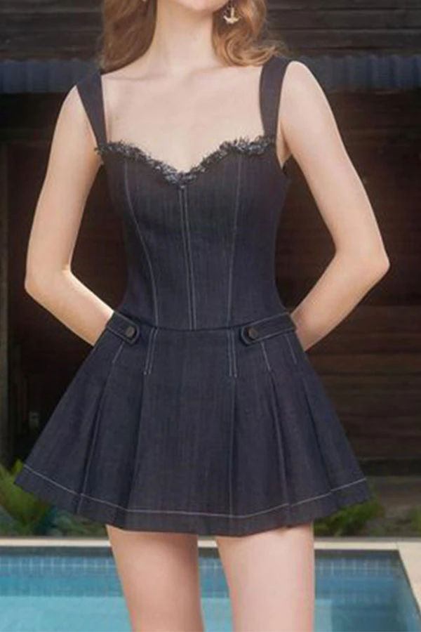 Patchwork Hot Pleated Denim Mini Dress 3 Patchwork Hot Pleated Denim Mini Dress - Image 3