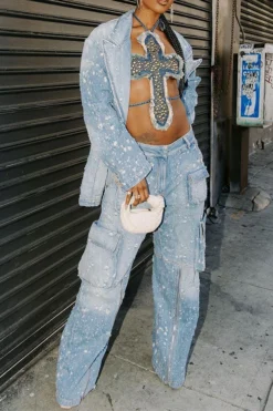 Ripped Cool Multi Pocket Gradient Tops & Jeans -Prettytina H23071379 BL 3