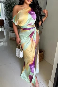 Tie Dye Pretty High Split Asymmetric Maxi Dress