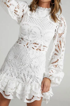 Hollow-Out Lace Girly Ruffle Mini Dress -Prettytina H23072043 WH 3