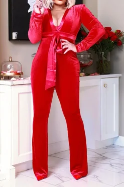 Patchwork Deep V Neck Festive Lace-Up Jumpsuit