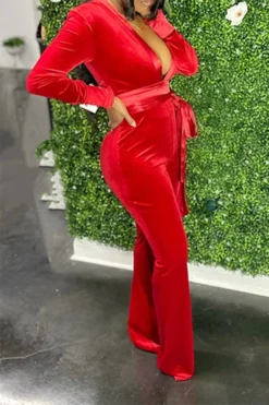 Patchwork Deep V Neck Festive Lace-Up Jumpsuit -Prettytina H23072082 RE 3