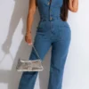Solid Color Casual Button Thru Denim Jumpsuit