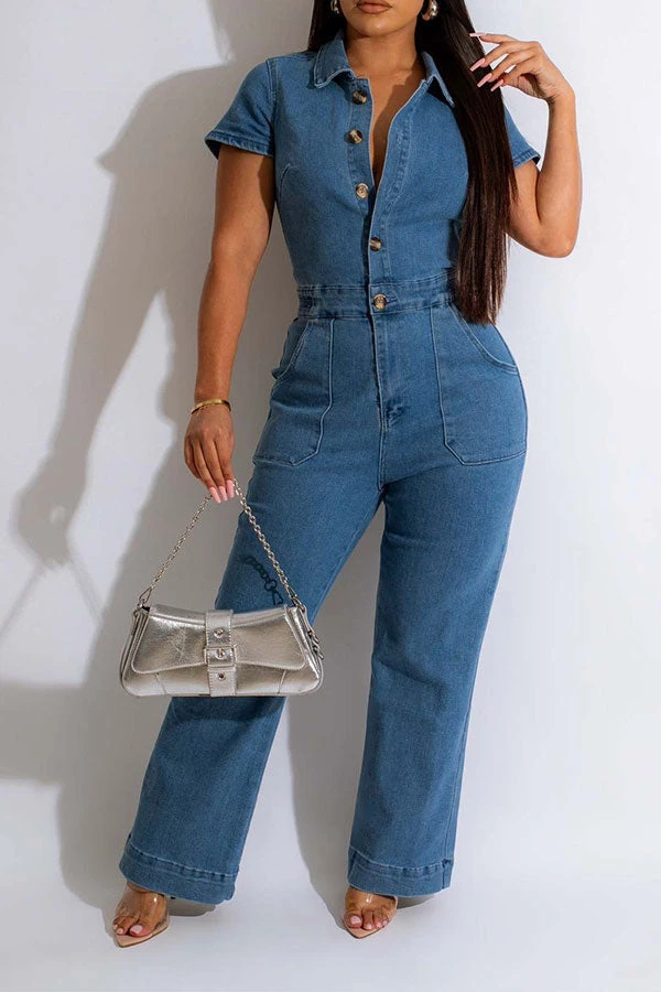 Solid Color Casual Button Thru Denim Jumpsuit 1 Solid Color Casual Button Thru Denim Jumpsuit