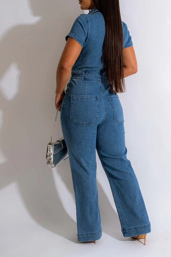 Solid Color Casual Button Thru Denim Jumpsuit 2 Solid Color Casual Button Thru Denim Jumpsuit - Image 2