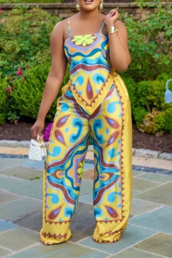 Tribal Print Stylish Irregular Pant Suit -Prettytina H23072107 YE 1