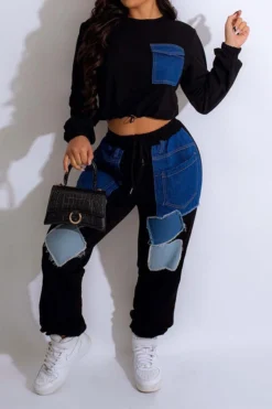 Applique Patchwork Sporty Drawstring Pant Suit 8 Applique Patchwork Sporty Drawstring Pant Suit -Prettytina H23072110 BK 1