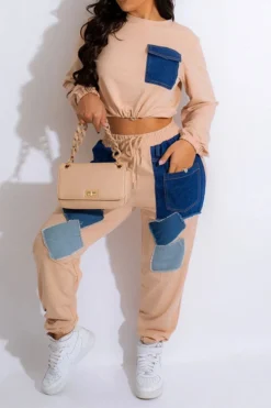 Applique Patchwork Sporty Drawstring Pant Suit 10 Applique Patchwork Sporty Drawstring Pant Suit -Prettytina H23072110 KH 1