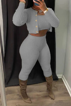 Solid Color Simple Bodycon Knitted Pant Suit (Three Pieces) -Prettytina H23072119 AS 1