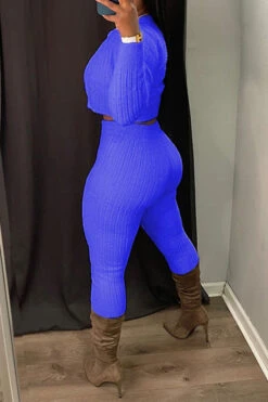 Solid Color Simple Bodycon Knitted Pant Suit (Three Pieces) -Prettytina H23072119 BL 2