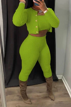 Solid Color Simple Bodycon Knitted Pant Suit (Three Pieces) -Prettytina H23072119 GR 1