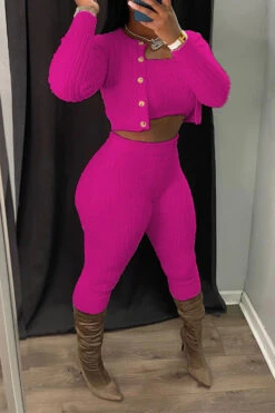 Solid Color Simple Bodycon Knitted Pant Suit (Three Pieces) -Prettytina H23072119 RR 1