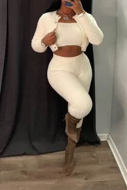 Solid Color Simple Bodycon Knitted Pant Suit (Three Pieces) -Prettytina H23072119 WH 4