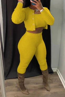 Solid Color Simple Bodycon Knitted Pant Suit (Three Pieces) -Prettytina H23072119 YE 1