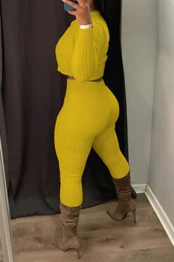 Solid Color Simple Bodycon Knitted Pant Suit (Three Pieces) -Prettytina H23072119 YE 2