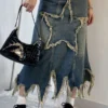 Star Applique Tassel Chic Irregular Denim Skirt