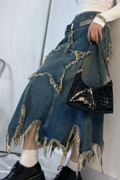 Star Applique Tassel Chic Irregular Denim Skirt -Prettytina H23072133 BL 3