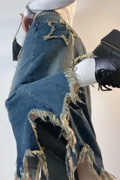 Star Applique Tassel Chic Irregular Denim Skirt -Prettytina H23072133 BL 4