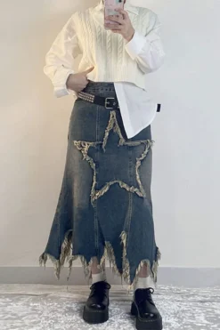 Star Applique Tassel Chic Irregular Denim Skirt -Prettytina H23072133 BL 5