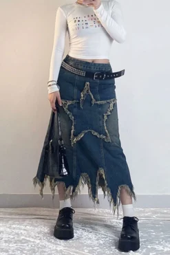 Star Applique Tassel Chic Irregular Denim Skirt -Prettytina H23072133 BL 6