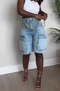 Gradient Casual Multi Pocket Denim Shorts -Prettytina H23072142 BL 3