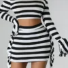 Striped Oblique Collar Hot Side Ruffle Skirt Suit