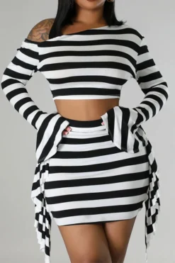 Striped Oblique Collar Hot Side Ruffle Skirt Suit -Prettytina H23072147 BK 4