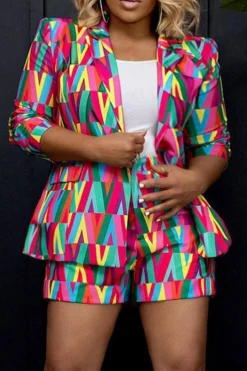 Chevron Print Colorful Peak Lapel Pant Suit