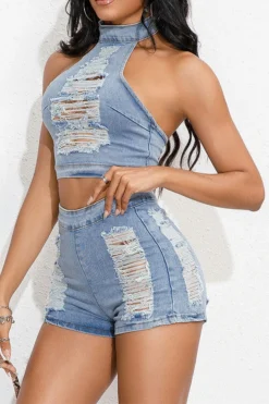 Ripped On-trend Denim Pant Suit -Prettytina H23072150 BL 6