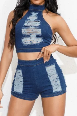 Ripped On-trend Denim Pant Suit -Prettytina H23072150 NB 1