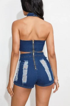 Ripped On-trend Denim Pant Suit -Prettytina H23072150 NB 2