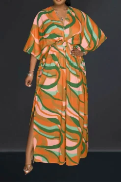 Ripple Print Laid Back Side Split Maxi Dress -Prettytina H23072160 OR 1