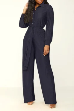 Solid Color Classic Belted Pleated Jumpsuit -Prettytina H23072186 BK 1