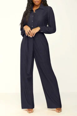 Solid Color Classic Belted Pleated Jumpsuit -Prettytina H23072186 BK 2